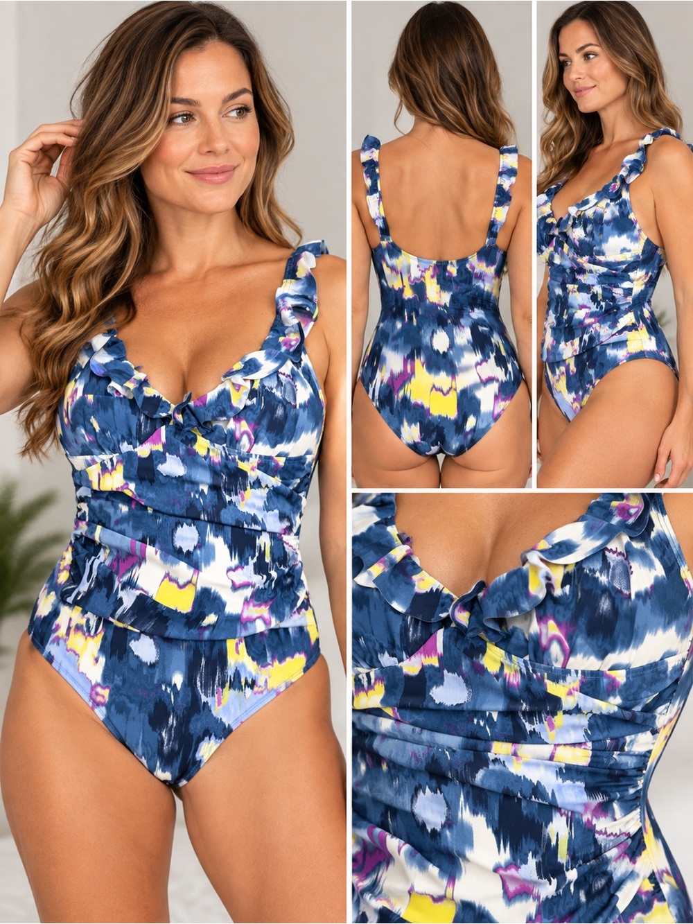 DKNY Size 8 Ruffle Ruched One Piece Swimsuit Blue Abstract Print